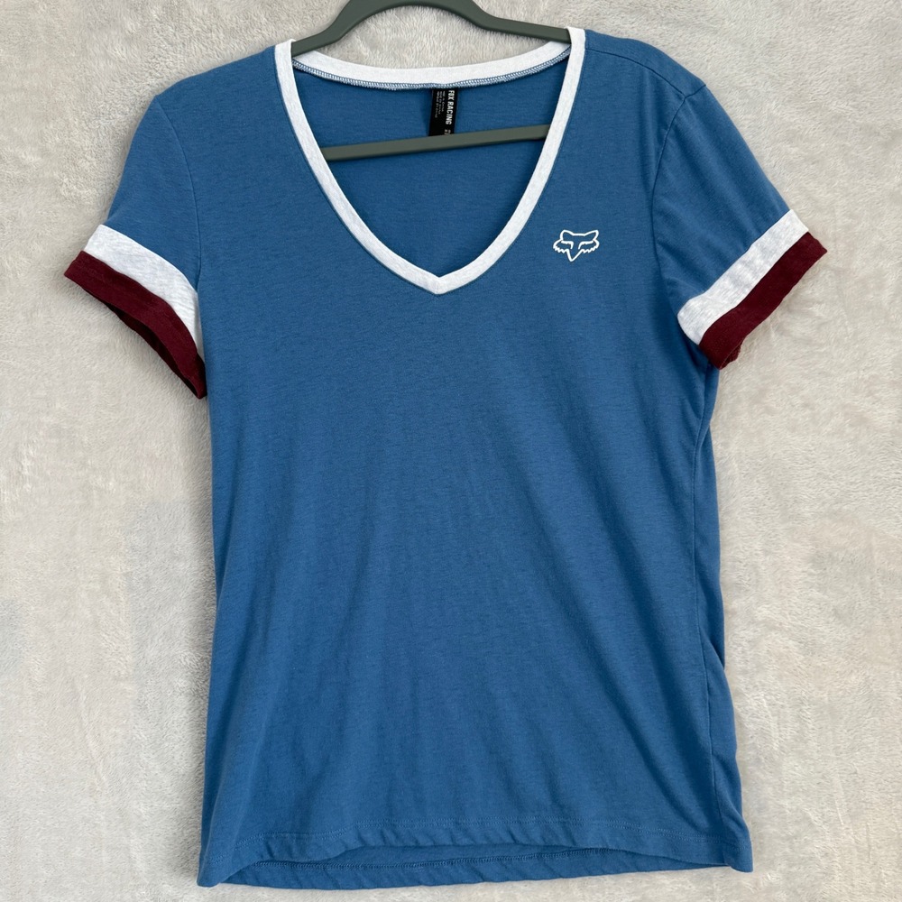 VTG Fox Racing Womens M Blue V-Neck Ringer T-Shirt Short Sleeve Y2K Streetwear